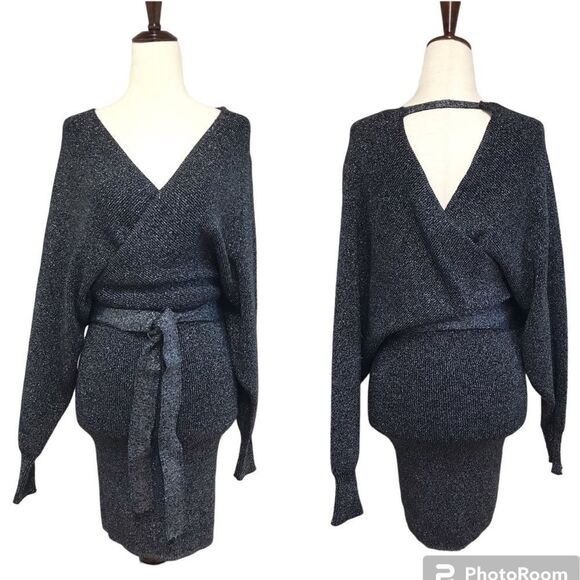 GIANNI BINI Alston Sexy Low Cut Sweater Dress Belted Black Gray Sz XS Small New - Picture 2 of 16